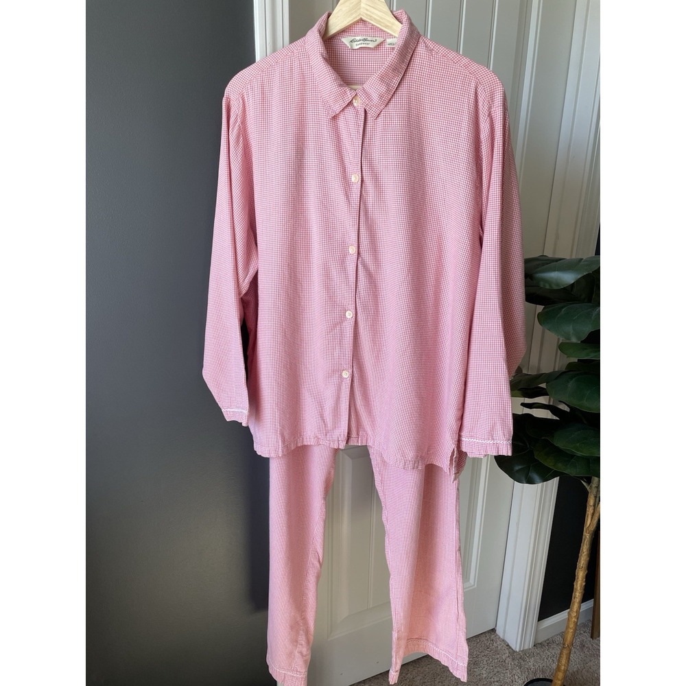 Eddie Bauer Pajama Set Pink Gingham Cotton Long Sleeve Button Front Women's M